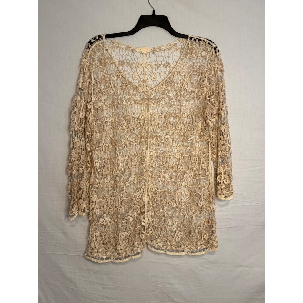 Adiva Beige Crochet Lace Tunic Top V-Neck Sheer Floral Boho Cover Up Plus 1X